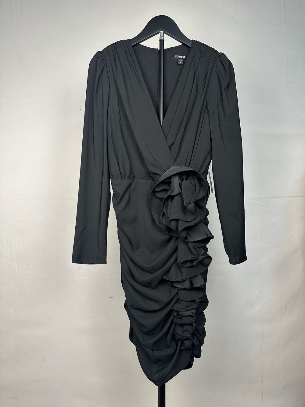 Express Black Ruffle Ruched Wrap Mini Dress - Picture 2 of 9